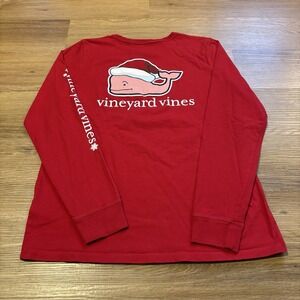 Vineyard Vines Santa Whale Pocket Tee Womens Medium Red Long Sleeve T-shirt Xmas